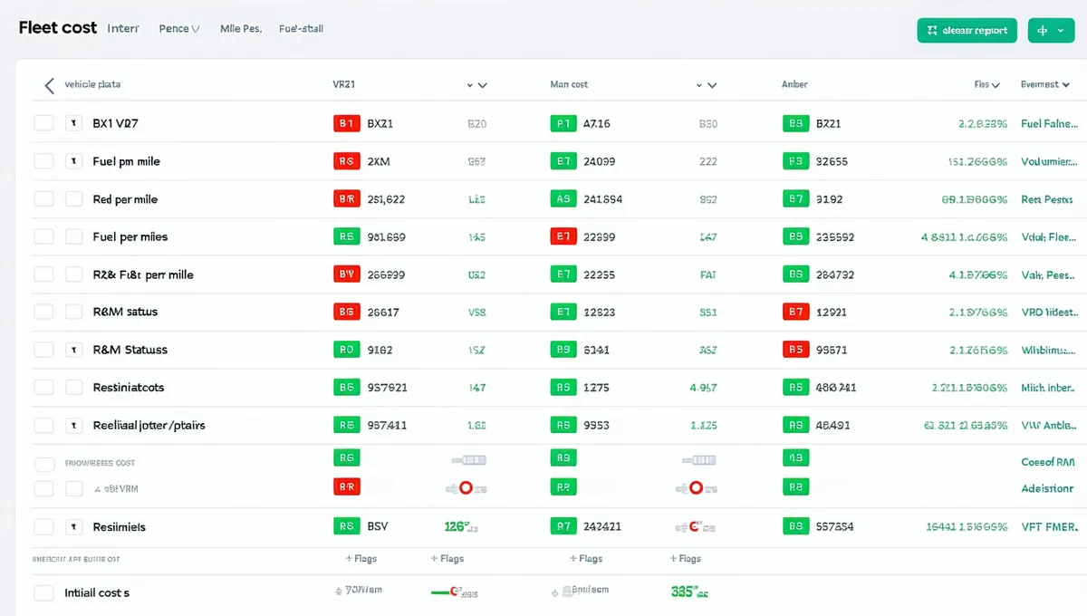 ExoFleets vehicle cost report table showing per-VRM fuel cost, R&M status and abuse flags for a sample 40-vehicle fleet